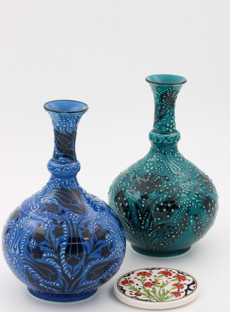 20 cm Hand Made Turkish Ceramic Tear Vase Turquoise Designs, 2 Designs