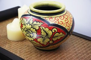 20cm Hand Painted Pottery Red With A Gold Flower And Leaf Design