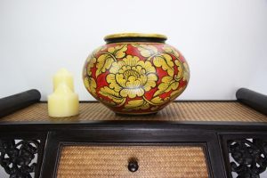 32cm Hand Painted Pottery Red With Gold Flower And Leaf Design