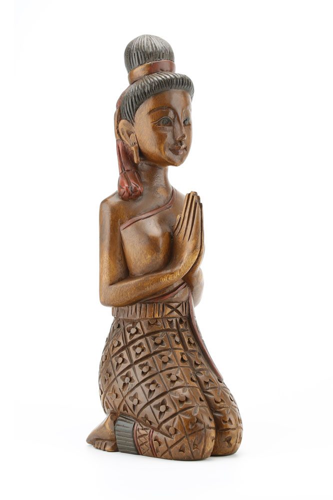 38cm Carved Wooden Sawasdee Lady Kneeling