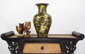 40cm Hand Painted Pottery Fluted Vase Gold With Antique Black Leaf And Flower Design