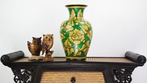 40cm Hand Painted Pottery Fluted Vase Green With Gold Flower And Leaf Design