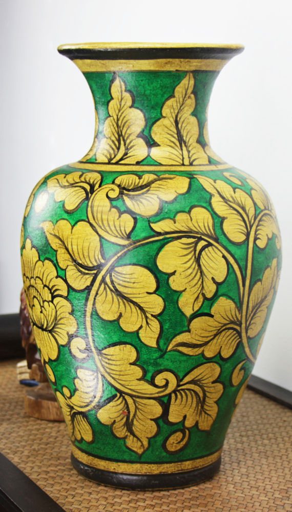 40cm Hand Painted Pottery Fluted Vase Green With Gold Flower And