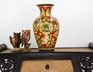 40cm Hand Painted Pottery Fluted Vase Red With Gold Flower And Leaf With Black Border Design