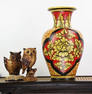 40cm Hand Painted Pottery Fluted Vase Red With Gold Leaf And Flower Design