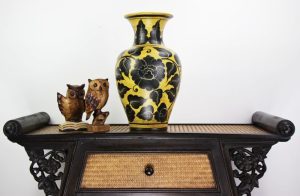 44cm Hand Painted Pottery Fluted Vase Gold With Black Leaf/Flower Design