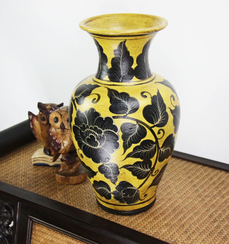 40cm Hand Painted Pottery Fluted Vase Gold With Black Leaf Flower Design Nirvana,Small Space Simple Small House Interior Design Philippines