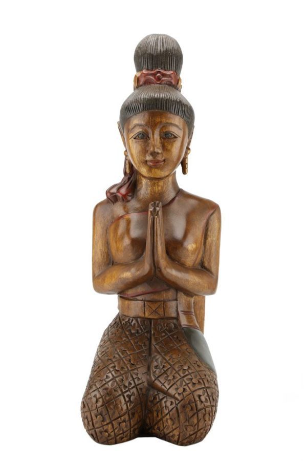 53cm Carved Wooden Sawasdee Lady Kneeling
