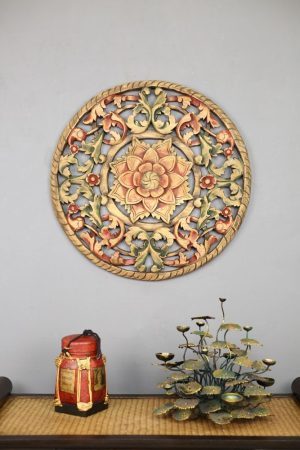 60cm 3D Flower Teak Wooden Carving Coloured