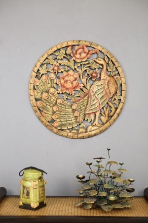 60cm Peacock Teak Wooden Carving Coloured