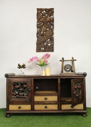 70 x 127 cm Rattan Entertainment Unit With Colour On Carving