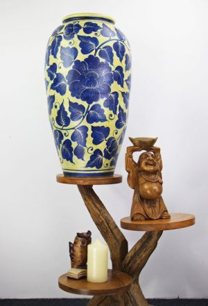 67cm Hand Painted Pottery Gold With Blue Flower And Leaf Design