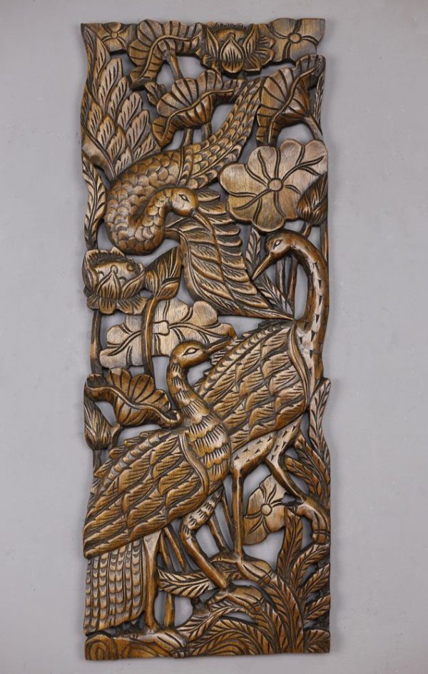 90 x 35 Peacock Teak Wooden Carving Natural
