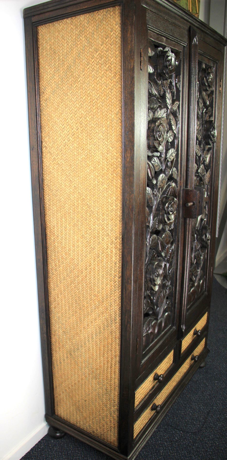 Large Rattan Cabinet With Hand Carving On Doors Nirvana