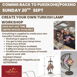 Create Your Own Turkish Lamp Workshops- Pukekohe/Pokeno Sunday 20th September