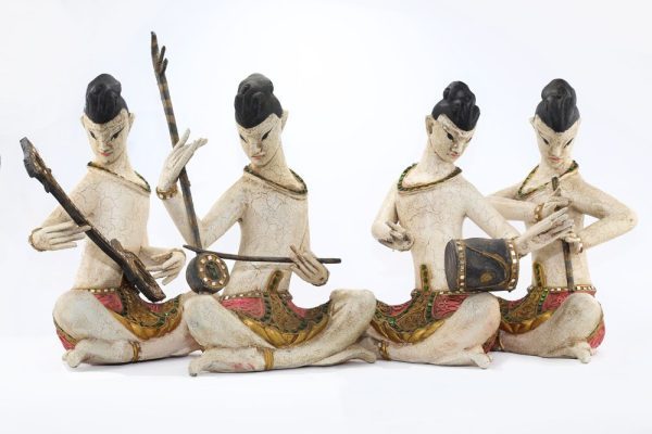 Set Of 4 Thai Musicians 38cm Antique White/Orange