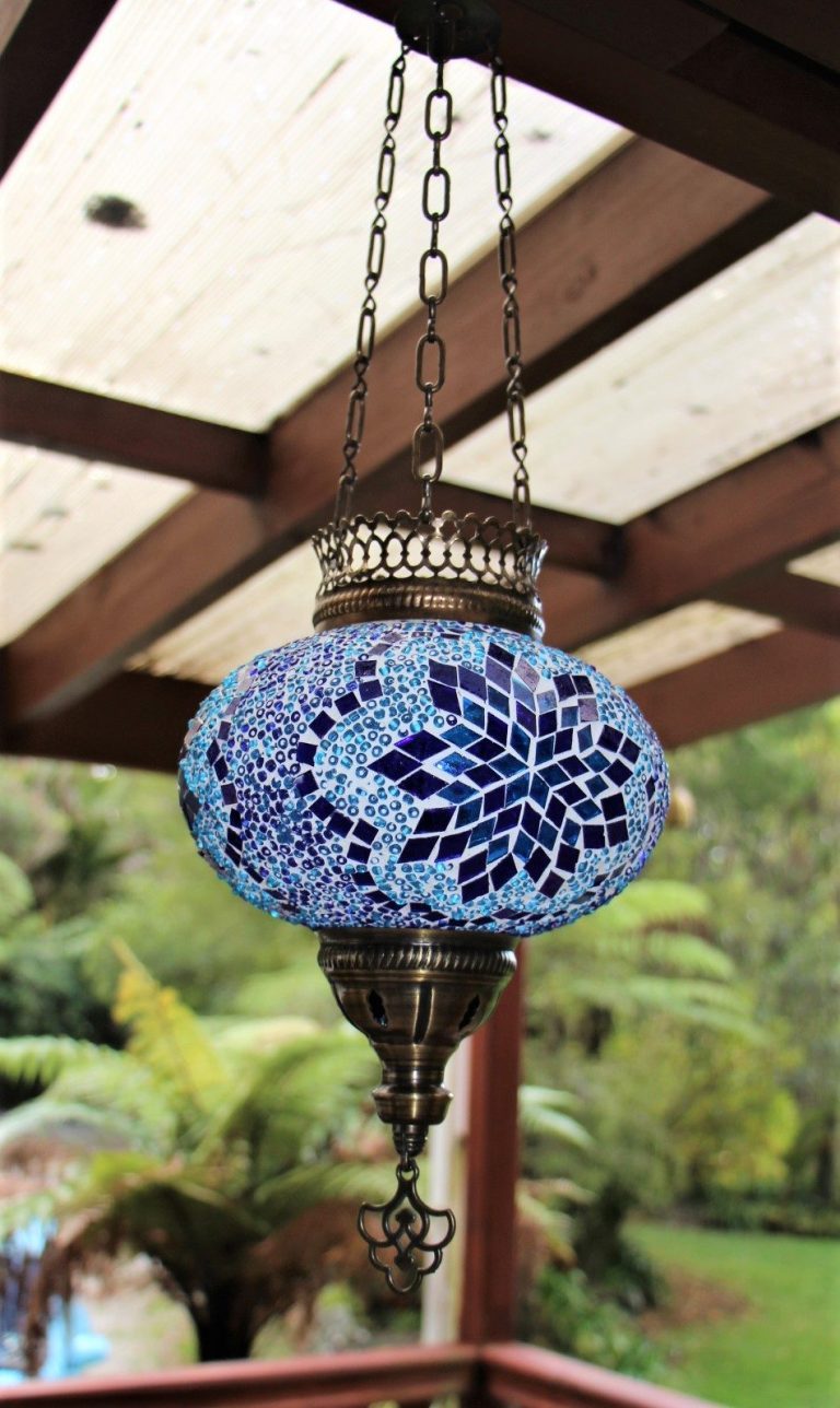 Turkish Mosaic Large Hanging Candle Lantern Blue 18cm Globe - Nirvana