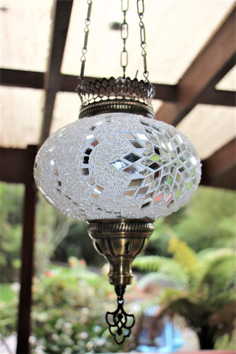 Turkish Mosaic Large Hanging Candle Lantern White 18cm Globe Nirvana