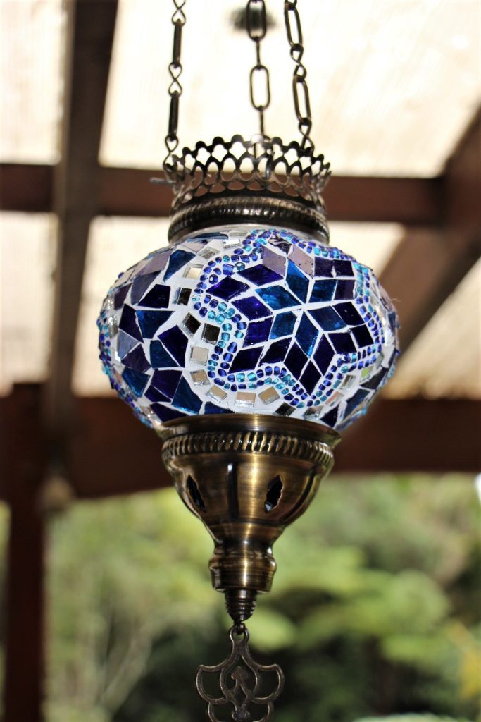 Turkish Mosaic Med Hanging Candle Lantern Blue 14cm Globe Nirvana