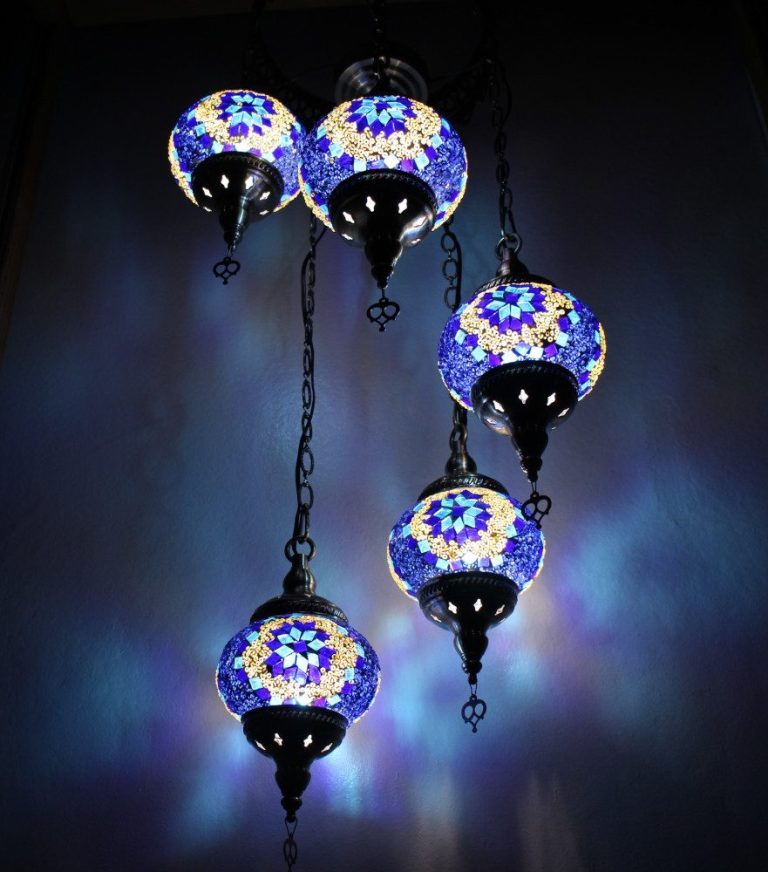 Turkish Mosaic Hanging Lamp 5 Globe Blue Nirvana Eastern Imports